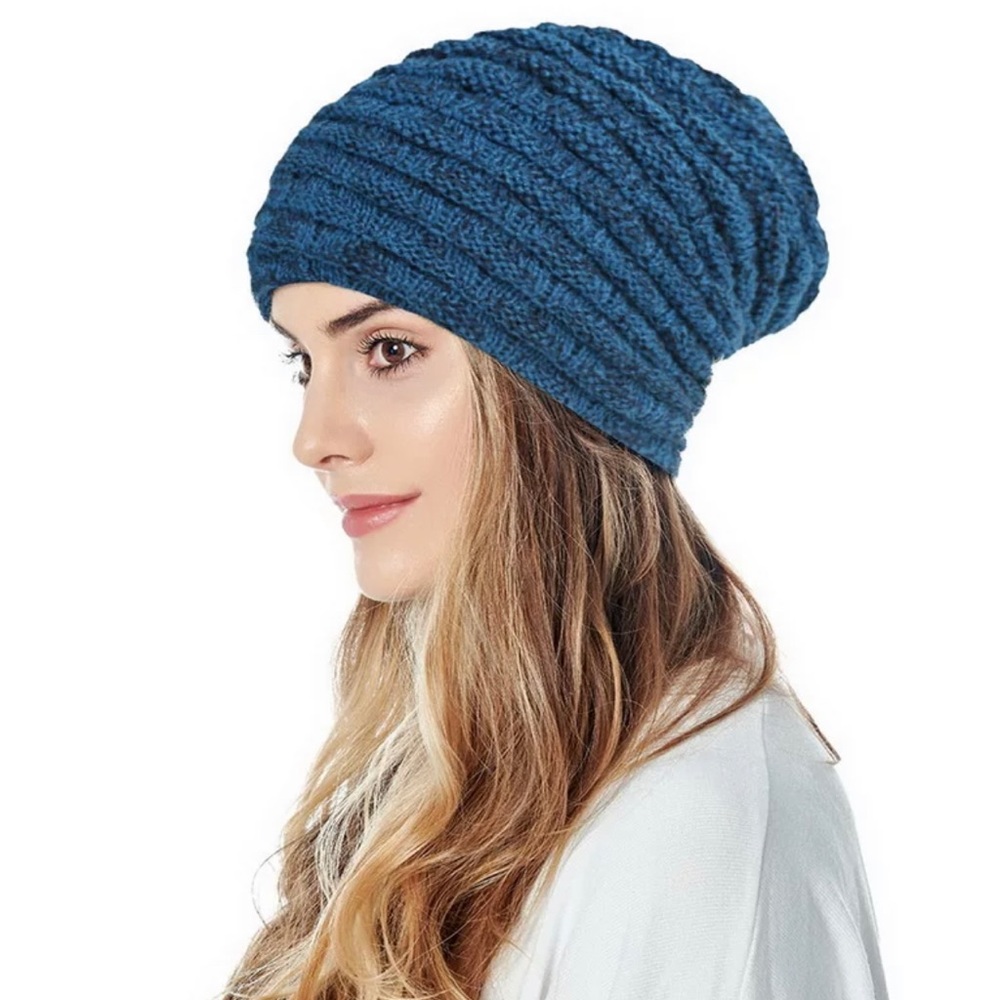 Warm Lined Knitted Beanie Blue